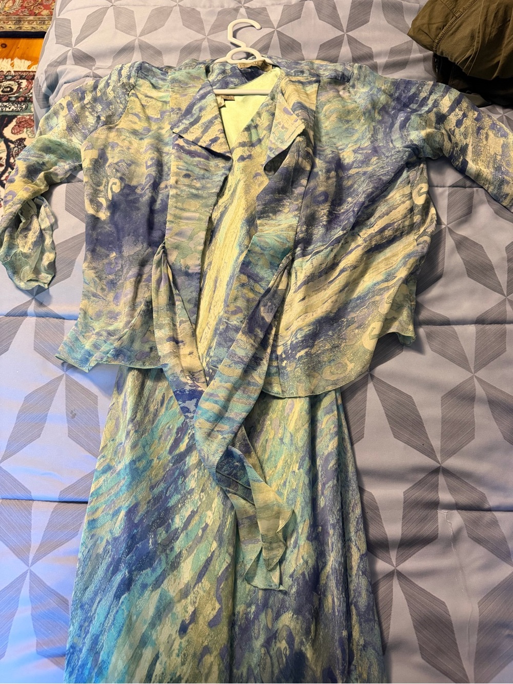 Blue-Green Abstract Print Two-Piece Dress Set